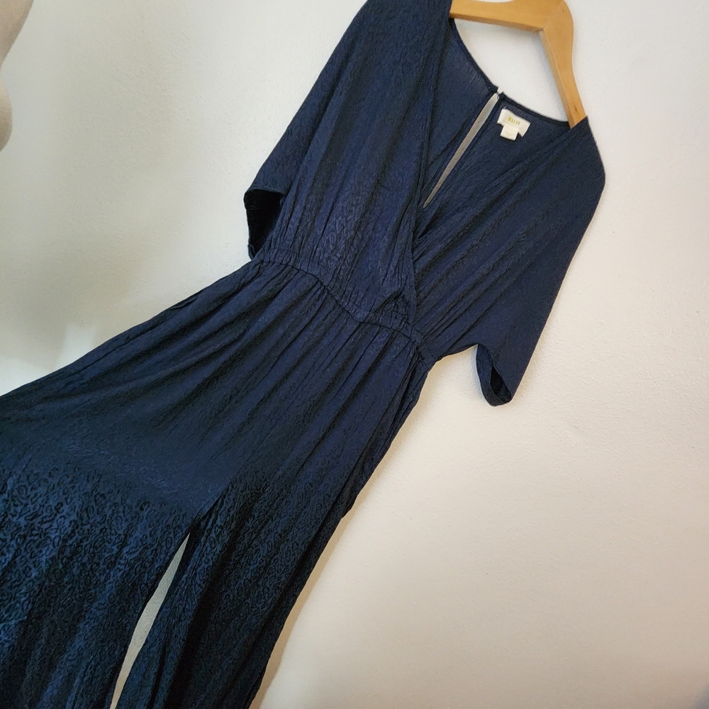 Anthropologie Maeve  Jacqueline Jacquard Jumpsuit Satin Navy Size S